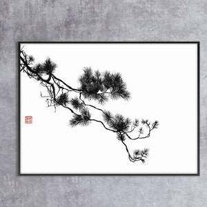 Japanese Sumi E Pine Tree Branches Print,Oriental Asian Landscape Ink Watercolor Minimal Zen Feng Shui Decor Housewarming Eco Friendly Gift
