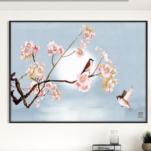 Impressão de ramos e pardais de flor de cerejeira japonesa, paisagem asiática oriental aquarela mínima zen feng shui decoração de parede presente ecológico