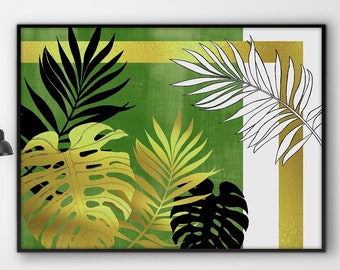 Nordic Tropical Leaves Poster Print, Plants Monstera Banana Palm Leaf Black Gold Green Background Living Room Beach Decor Eco Friendly Gift