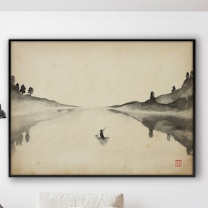 Stampa di rematore di paesaggio orientale giapponese, vecchia carta inchiostro monocromatico acquerello SumiE arredamento minimale Zen Feng Shui asiatico eco-friendly regalo
