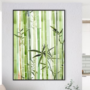 Japanese Bamboo Forest Print, Green Botanical Minimal Watercolor Poster Zen Wall Art Feng Shui Decor  Housewarming Eco Friendly Gift
