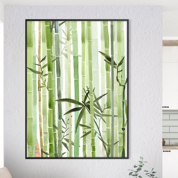 Impression de forêt de bambous japonais, vert botanique Minimal aquarelle affiche Zen Wall Art Feng Shui Decor pendaison de crémaillère cadeau écologique