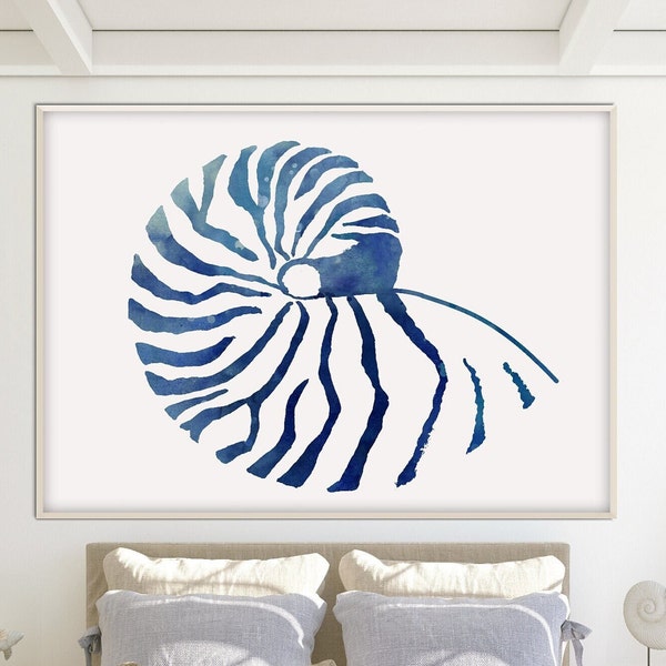 Lámina Ecológica Acuarela Silueta Nautilo, Poster Relajante Azul Oro Tranquilidad Regalo Decoración Playa Minimalista Nautica Regalo El Ella