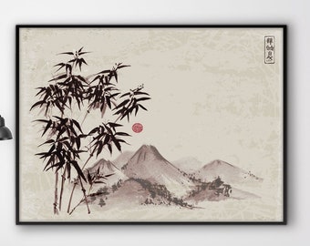 Japanese Bamboo Fuji Mount Landscape Print, Oriental Asian Watercolor Beautiful Feng Shui Zen Scrol Wall art Eco Friendly Gift Minimal decor