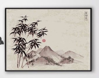 Japanese Bamboo Fuji Mount Landscape Print, Oriental Asian Watercolor Beautiful Feng Shui Zen Scrol Wall art Eco Friendly Gift Minimal decor