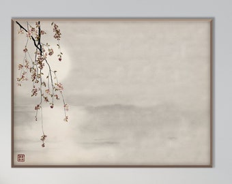 Lámina Japon Sakura Flor Cerezo Agua Ocaso, Acuarela Paisaje Oriental Decoración Minimalista Zen Feng Shui Arte Asiático Regalo Horizontal