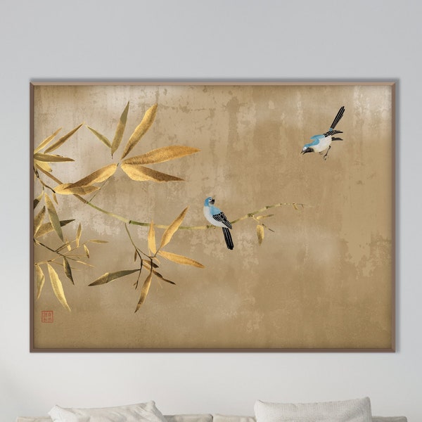 Bambou doré japonais oiseaux bleus affiche impression, chinoiseries Art asiatique oriental aquarelle minimal Zen Feng Shui Room Decor cadeau écologique