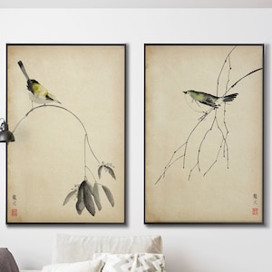 Set di due rami di uccelli giapponesi stampa, arte orientale asiatica SumiE verde giallo Feng Shui inaugurazione della casa regalo ecologico minimale arredamento Zen