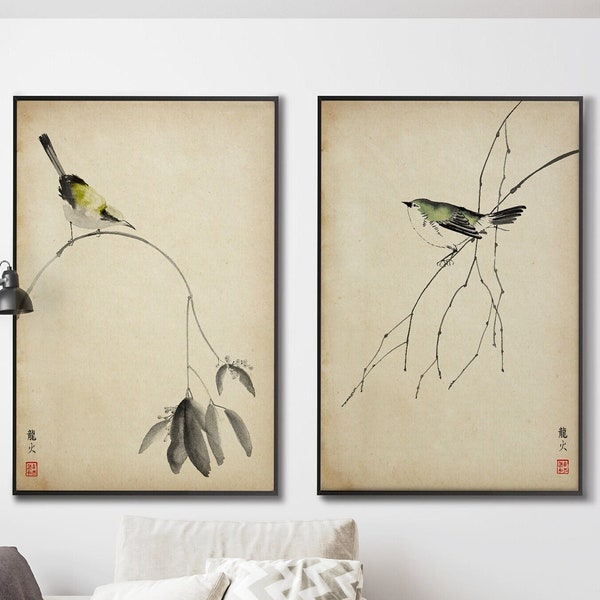 Set von zwei japanischen Vogelzweigen Drucken, asiatisch orientalischem SumiE Art Grün Gelb Feng Shui Housewarming Geschenk Minimal Zen Decor