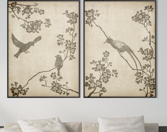 Set of Two Oriental Birds Flowers Print, Asian Cherry Blossom Branches Neutral Colors Scroll Chinoiserie decor Feng Shui Eco Friendly Gift