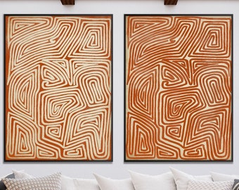 Set of Two Australian Aboriginal Style Art Print, Ethnic Tribal Print Terracotta Minimal Modern Boho decor Housewarming Eco Friendly Gift