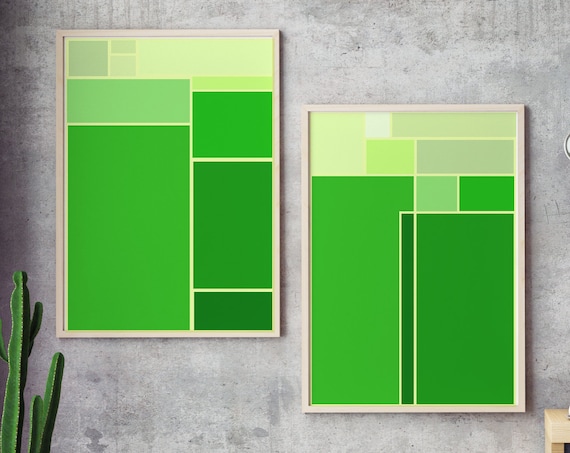 Set of Two Color Blocks Poster Print, Green Neon Abstract Geometric Contemporary Wall art Modern Minimal Living Room Decor Eco Friendly Gift