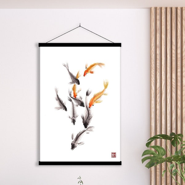 Japanischer orientalischer Aquarell Karpfen Koi Fisch grau roter Druck, asiatischer Kunstdruck Chinesisches Feng Shui Wandkunst Umweltfreundliches Geschenk Minimales Zen-Dekor