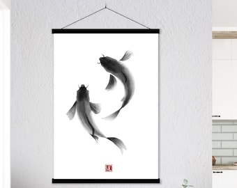 Japanese Sumi E Watercolor Oriental Carp Koi Fish Print, Monochrome Chinese Feng Shui Ink Wall Asian art Eco Friendly Gift Minimal Zen Decor