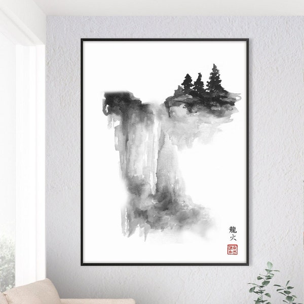 Impression d'arbres de montagne cascade japonaise Sumi E, paysage de défilement asiatique japonais aquarelle décor minimaliste Zen Feng Shui cadeau respectueux de l'environnement