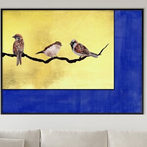 Stampa poster di uccelli passeri azzurri oro, acquerello blu moderno moderno di grandi dimensioni inaugurazione della casa arredamento nautico minimale regalo ecologico per lei e per lui