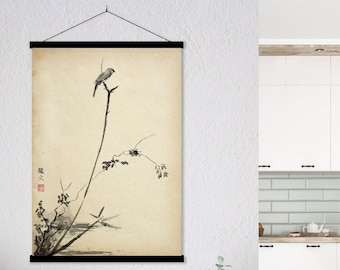 Lámina Japonesa Pájaro Alcaudón y Ramas Bambu, Acuarela Tinta Paisaje Oriental Decoración Minimalista Zen Feng Shui Arte Regalo Vertical