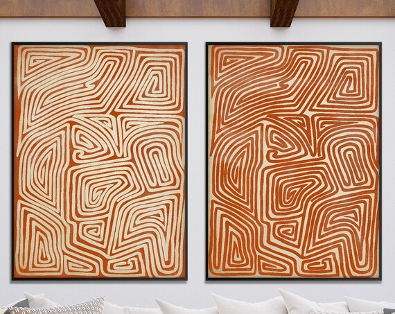 Set of Two Australian Aboriginal Style Art Print, Ethnic Tribal Print Terracotta Minimal Modern Boho decor Housewarming Eco Friendly Gift