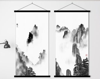 2枚セット 日本の山 桂林 風景画 プリント インク 水彩 巻物 アジアン
