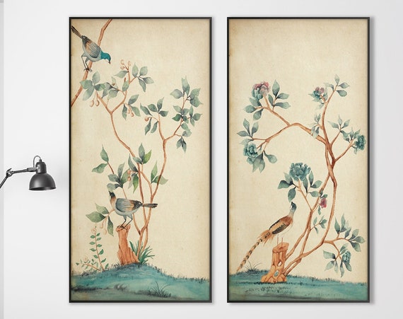 Set of Two Oriental Birds Flowers Print, Asian Peonies Branches Watercolor Green Blue Scroll Chinoiserie decor Feng Shui Eco Friendly Gift