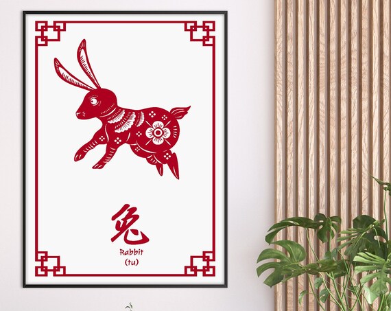 Rabbit Sign Horoscope Poster Print, Asian Art Symbols Oriental Art Chinese Astrology Decor Office Wall art Zodiac Eco Friendly Gift