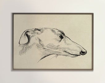 English Greyhound Print, Dog Sketch Head Silhouette Line Art Greyhound Gift Pencil Art Print Room Decor Pet Gifts Vintage Style Poster