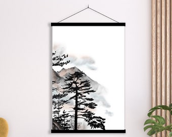 Japanese Oriental Mountain Tree Print, Fog Asian Landscape Monochrome Ink Watercolor Art Minimal decor Zen Feng Shui Eco Friendly Gift