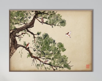 Impression de pin japonais et moineaux, paysage asiatique oriental encre aquarelle Sumi E Art minimal Zen Feng Shui décoration murale cadeau écologique