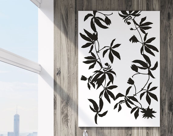 Tropical Leaves and Flower Poster Print, Botanical Art Ficus Leaf Black White Home Living Room Beach Decor Eco Friendly Gift Her Him