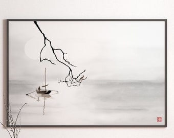 Könnte beinhalten: Ein Schwarzweiß-Aquarellbild eines Segelboots auf einem ruhigen Gewässer mit einem kahlen Baumzweig, der sich über das Wasser erstreckt. Das Bild ist in einem schwarzen Rahmen gerahmt und hängt an einer weißen Wand.
