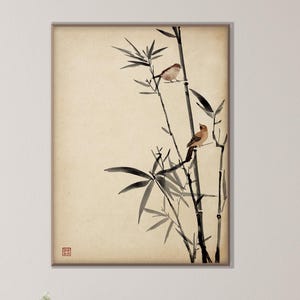 Stampa di paesaggio giapponese di bambù e passeri, uccelli orientali in inchiostro e acquerello, Feng Shui Zen, regalo ecologico, decorazione minimalista