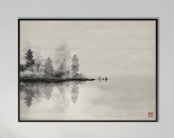 Japanische Orientalische Bäume Nebel Landschaftsdruck, Monochrome Tinte Aquarellkunst Minimales Dekor Zen Feng Shui Schriftrolle Wand Asiatisches Umweltfreundliches Geschenk