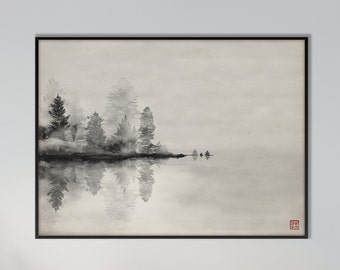 Japanese Oriental Trees Mist Landscape Print, Monochrome Ink Watercolor Art Minimal decor Zen Feng Shui Scroll wall Asian Eco Friendly Gift