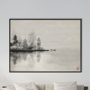 Japanese Oriental Trees Mist Landscape Print, Monochrome Ink Watercolor Art Minimal decor Zen Feng Shui Scroll wall Asian Eco Friendly Gift