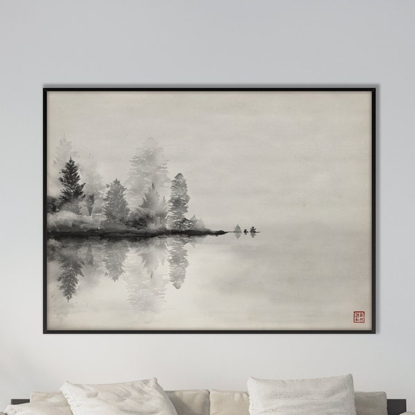 Impression de paysage japonais arbres orientaux brume, encre monochrome aquarelle Art déco minimaliste Zen Feng Shui parchemin mural asiatique cadeau écologique