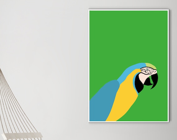 Tropical Macaw Parrot Printable, JPG Jungle Bird Bright color art with Green Background for Home Summer or Beach decor Ideas Gift Her Him