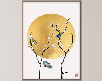 Impression japonaise de fleurs de cerisier lune dorée Sakura, oiseau bleu d'Asie orientale paysage aquarelle minimal Zen Feng Shui Decor cadeau écologique