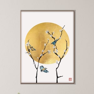 Japanese Golden Moon Sakura Cherry Blossom Print,Oriental Asian Blue Bird Landscape Watercolor Minimal Zen Feng Shui Decor Eco Friendly Gift