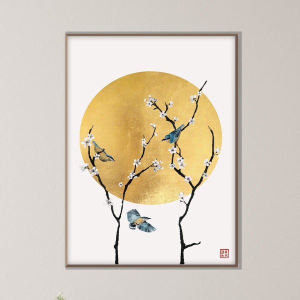 Japanischer goldener Mond Sakura Kirschblüten-Druck, orientalisches asiatisches blaues Vogel-Landschafts-Aquarell Minimales Zen Feng Shui-Dekor Umweltfreundliches Geschenk