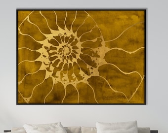 Ammonites Fossil Nautilus Shell Wall Art Print, oversized Spiral Ochre Wall Art Beach Nautical decor Eco Friendly Housewarming Gift Her Him