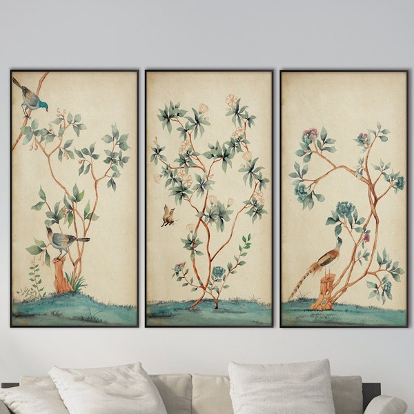 Ensemble de trois oiseaux orientaux imprimés de fleurs, branches de pivoines asiatiques, aquarelle bleu vert, rouleau de chinoiseries, décor Feng Shui, cadeau respectueux de l'environnement