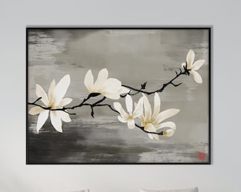 May include: A living room interior with a white sofa, a coffee table, and a large framed painting of white magnolia blossoms on a grey background.