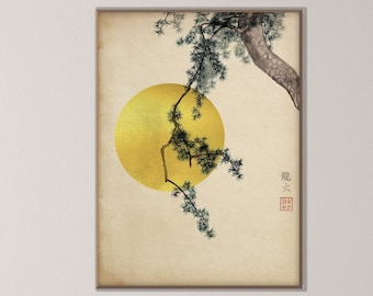 May include: A minimalist art print featuring a stylized pine branch with a golden sun behind it. The print has a beige background and the Japanese characters "松" and "寿" are printed in red in the bottom right corner.