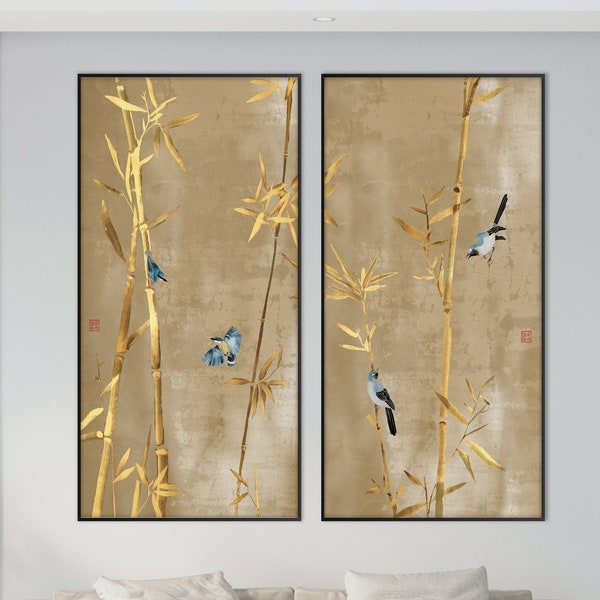 Set of Two Japanese Golden Bamboo Blue Birds Print, Chinoiserie Oriental Asian Art Watercolor Minimal Zen Feng Shui Decor Eco Friendly Gift