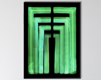 May include: Abstract art print featuring a geometric design of overlapping green rectangles on a black background.