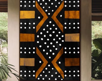 Könnte beinhalten: Ein geometrisches Muster in Schwarzweiß mit goldenen Akzenten. Das Muster besteht aus weißen Punkten und goldenen Linien. Das Muster ist gerahmt und hängt an einer Wand in einem Wohnzimmer.