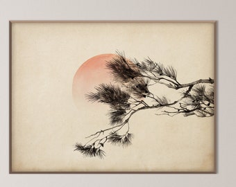 Japanese Sumi E Rising Sun Pine Tree Branches Print, Oriental Landscape Watercolor Minimal Zen Feng Shui Meditation Decor Eco Friendly Gift