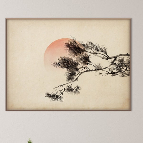 Japanese Sumi E Rising Sun Pine Tree Branches Print, Oriental Landscape Watercolor Minimal Zen Feng Shui Meditation Decor Eco Friendly Gift