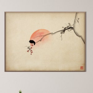 Paesaggio giapponese, rami, stampa di uccelli, inchiostro, acquerello, rilassante, yoga, meditazione, arte, minimo, Zen, Feng Shui, decorazione da parete, regalo ecologico