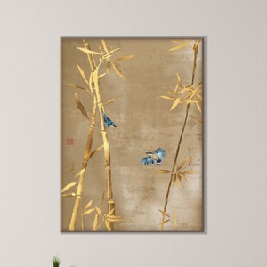 Stampa poster di uccelli blu bambù dorato giapponese, cineserie arte asiatica orientale acquerello minimo Zen Feng Shui arredamento camera regalo ecologico
